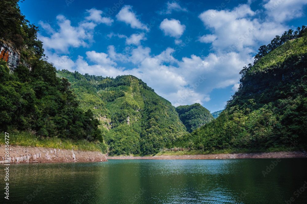 The lake and mountains scenery with blue sky