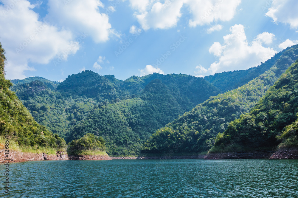 The lake and mountains scenery with blue sky
