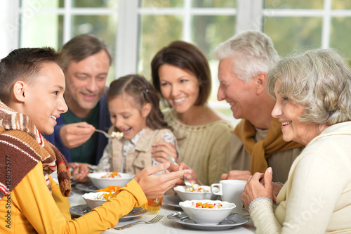 Family have breakfast  