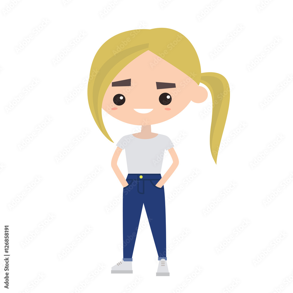 Cute blonde with pony tail wearing casual clothes  / editable vector illustration, clip art