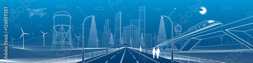 Infrastructure panorama. Highway, train traveling on bridges, business center, architecture and urban, neon city, wind turbines, water tower,  white lines, dynamic composition, vector design art