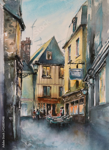 Small, narrow street in old city of Le Mans, France. Picture created with watercolors.