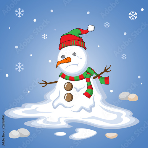 Melting snowman winter blues away cute winter wallpaper. Sad, cry, alone snowman Vector Illustration