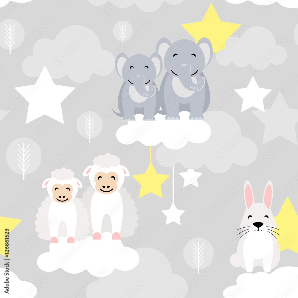 Cute animal kid vector seamless pattern with elephant, bunny, ewe lamb