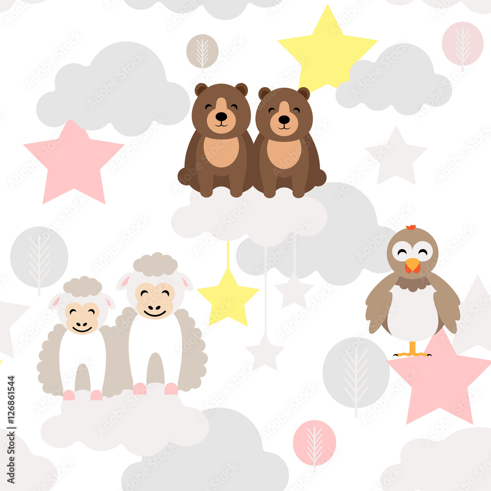 Naklejka premium Cute animal kid vector seamless pattern with bear, chick, ewe lamb