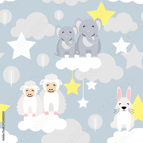 Cute animal kid vector seamless pattern with elephant, bunny, ewe lamb