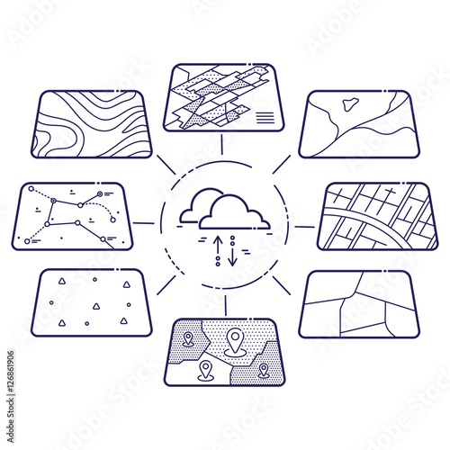 Vector Illustration of GIS Spatial Data Layers Concept for Info graphic, Cloud Data Storage, Geographic Information System, Icons Design, Liner Style
