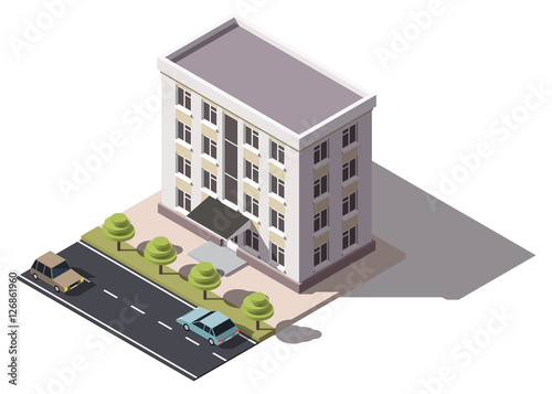 Public residential building isometry. Isometric view of the house and cars. 3D object for video games or real estate advertising. For Your business. Vetor Illustration