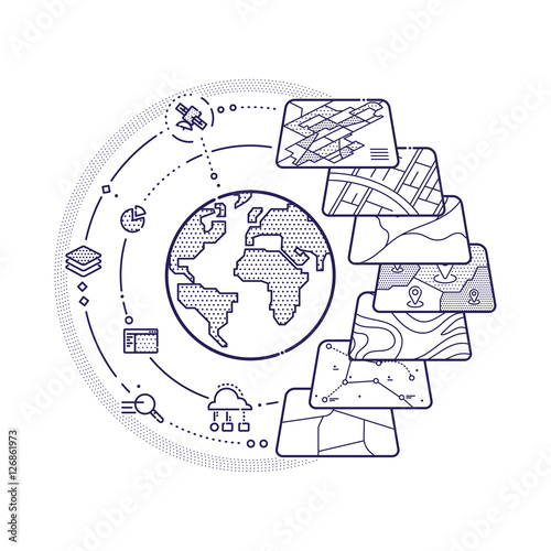 Vector Illustration of GIS Spatial Data Layers Concept for Business Analysis, Geographic Information System, Icons Design, Liner Style
