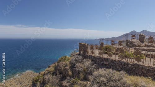 Beautiful landscape seen from La Amatista viewpoint in Cabo de Gata Nijar Natural Park, Almeria, Andalusia, Spain. beauty coastscape of Mountains at Mediterranean sea in Protected area 