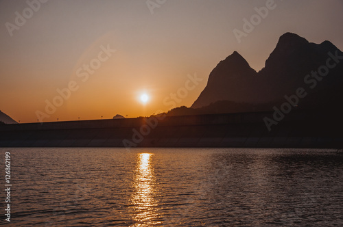 The mountains and lake scenery in sunset