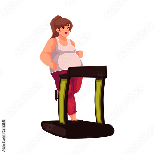 Fat woman running on the treadmill, cartoon vector illustration isolated on white background. Obese, fat, chubby woman trying to get fit by walking on the treadmill, cardio exercises