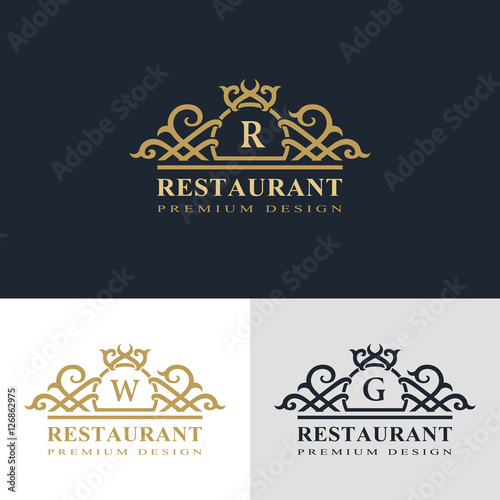Monogram design elements, graceful template. Calligraphic elegant line art logo design. Letter emblem sign R, W, G for Royalty, business card, Boutique, Hotel, Heraldic, Jewelry. Vector illustration