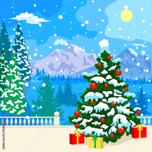 Winter snowy landscape. New Year card