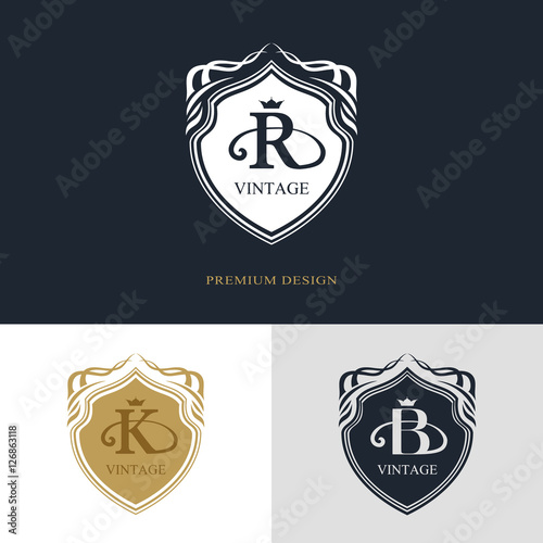 Monogram design elements, graceful template. Calligraphic elegant line art logo design. Letter emblem sign R, K, B for Royalty, business card, Boutique, Hotel, Heraldic, Jewelry. Vector illustration