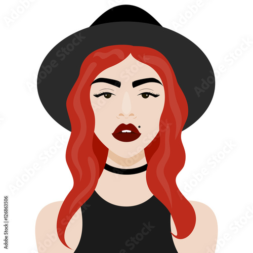 Vector illustration with hipster girl, geek glasses, hat in flat style.