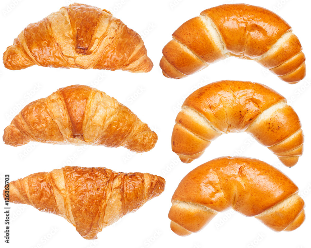 Set croissants and buns. Sweet pastries. A healthy breakfast. Isolated on white background.