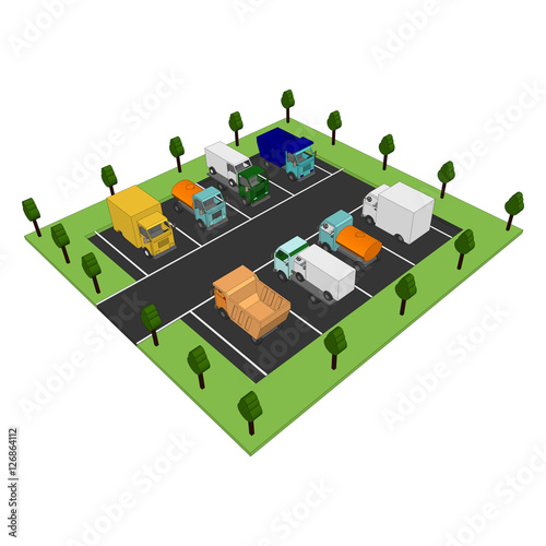 Car Parking lot 3d. View from above.  Transport set  icon isometric. Various automobiles  3d. Vector Illustration.