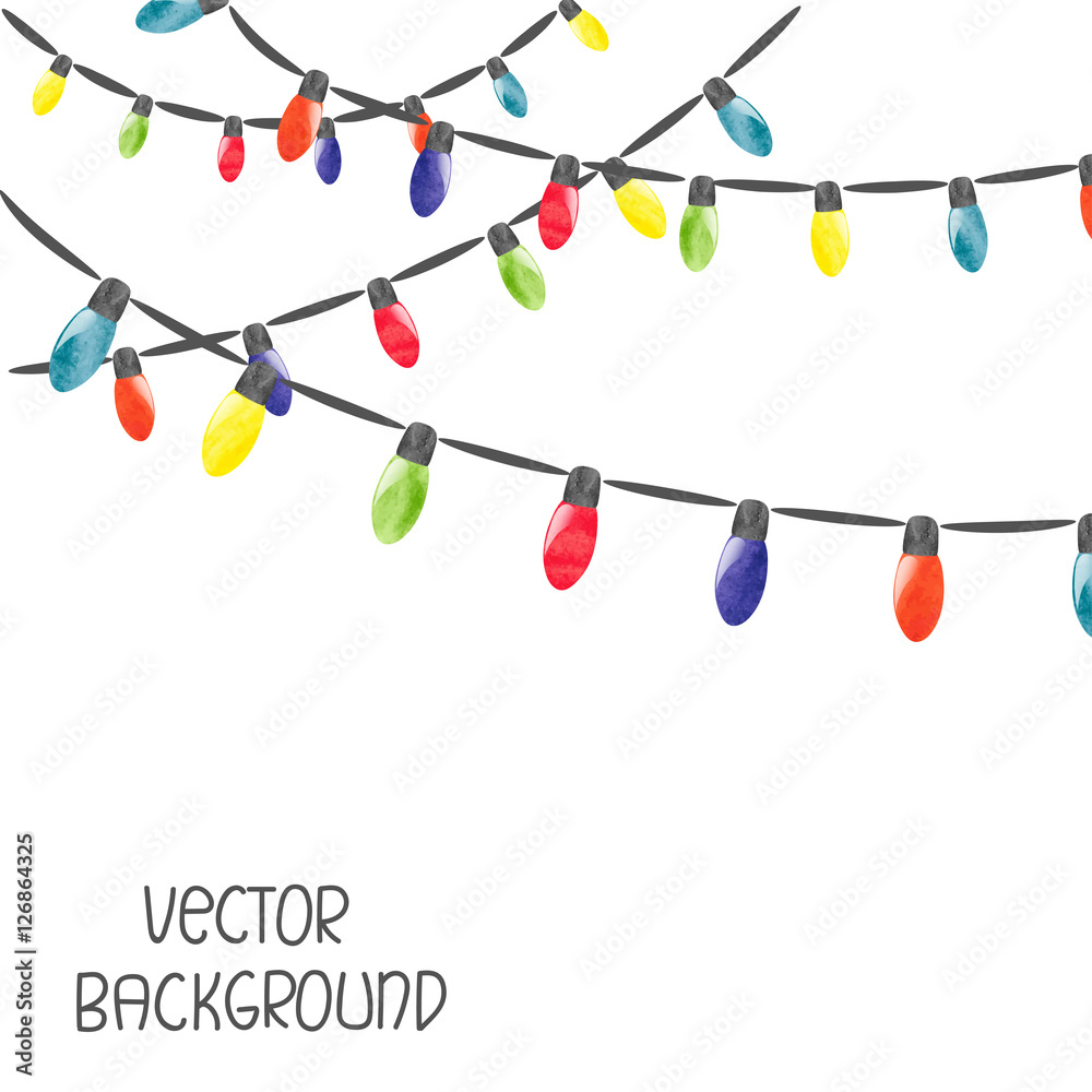 Christmas lights isolated on white background. Vector watercolor illustration - obrazy, fototapety, plakaty 
