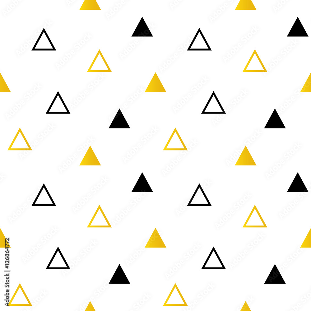 Trendy black and gold triangles on white seamless pattern background. Trendy black and gold triangles on white seamless pattern background.