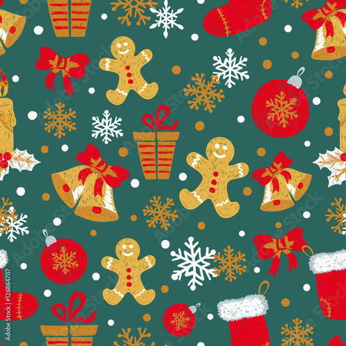 Christmas and New Year seamless pattern with doodle bells  balls  gingerbread Man  gifts and snowflakes. Vector holiday background.