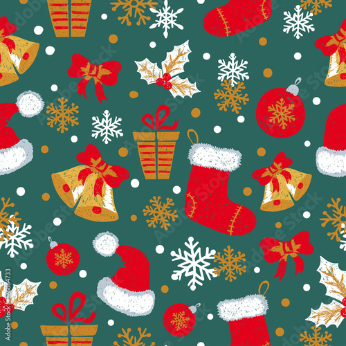 Christmas and New Year seamless pattern with doodle bells, balls, Christmas stockings and hats.  Vector holiday background.