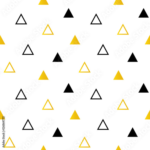 Trendy black and gold triangles on white seamless pattern background.