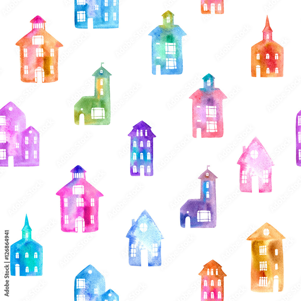 Seamless pattern with city.Colorful house. Watercolor hand drawn illustration.White background.