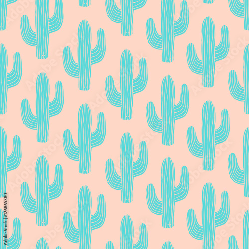 Seamless pattern with cactus in blue on pink background.