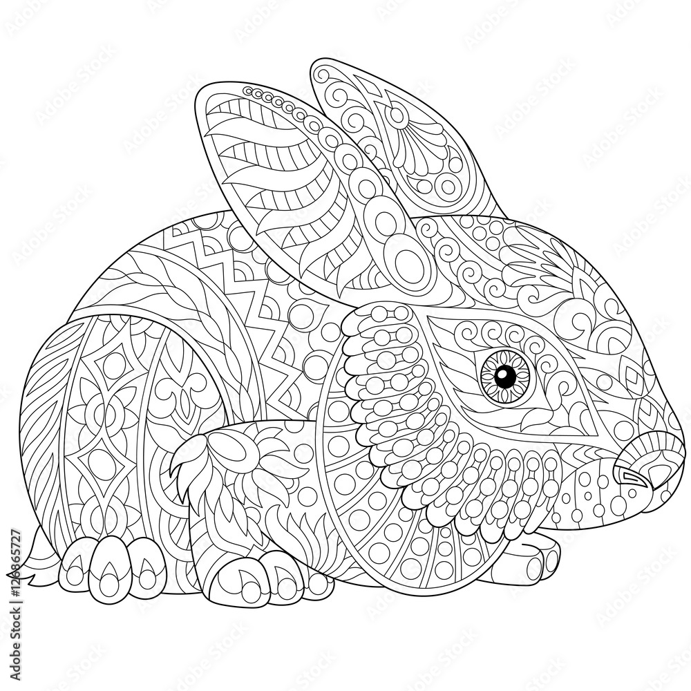 Stylized rabbit (bunny, hare), isolated on white background. Freehand sketch for adult anti stress coloring book page with doodle and zentangle elements.