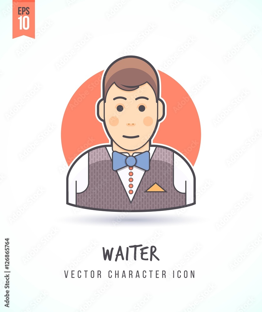 Waiter servant man illustration People lifestyle and occupation Colorful and stylish flat vector character icon
