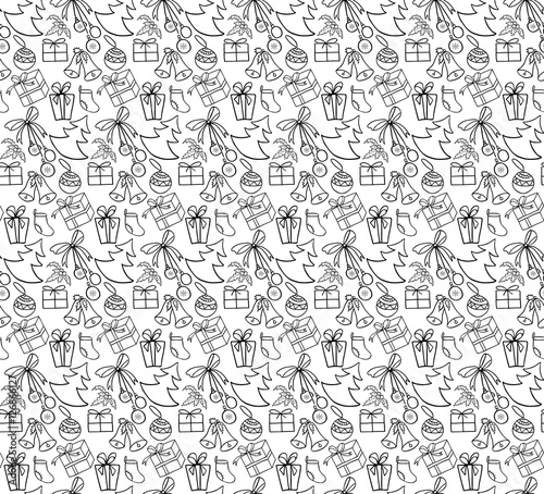 Fototapeta Naklejka Na Ścianę i Meble -  Christmas elements.  Illustration for a  wrapping paper,  wallpaper.  Black-and-white drawing. White background.   Seamless vector pattern.
