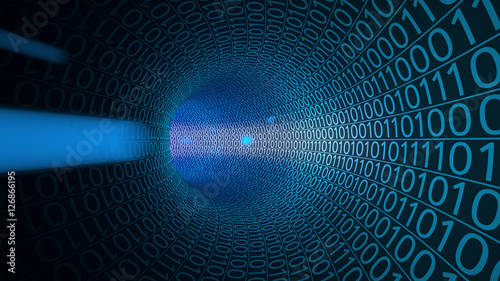 Particles moving through abstract blue tunnel made with zeros and ones. Computers, data transfer, digital technologies concepts. 3D rendering