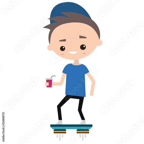 Young millennial boy riding on a hoverboard, editable clip art vector flat illustration