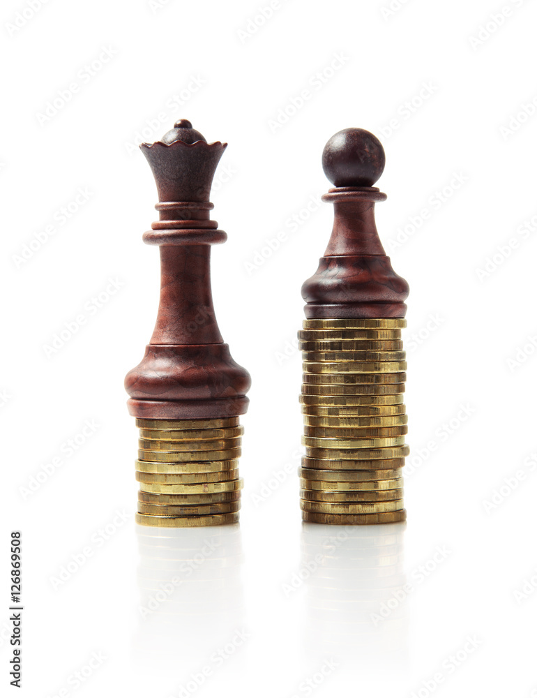 Image of chess pieces standing on stacks of coins isolated on wh Image of chess pieces standing on stacks of coins isolated on wh