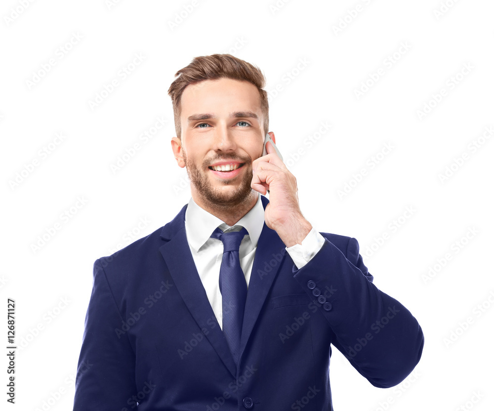 Young businessman with phone on white background Young businessman with phone on white background