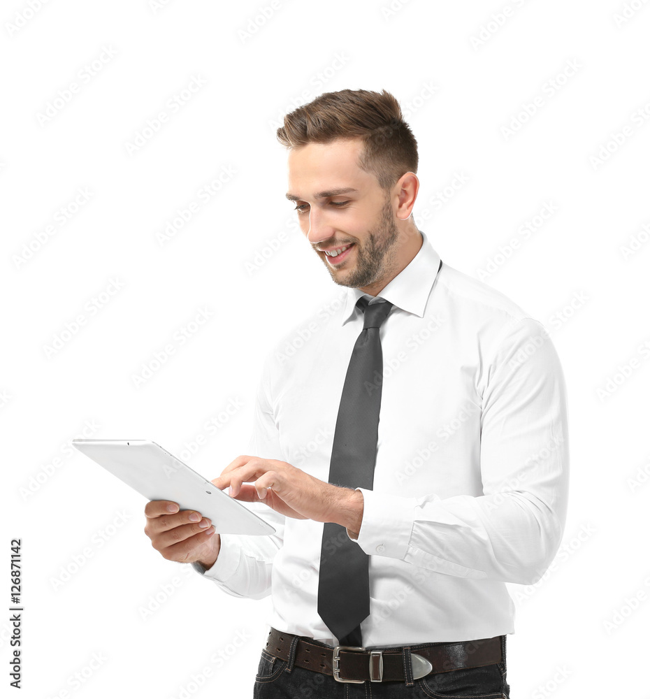Young businessman with tablet on white background Young businessman with tablet on white background