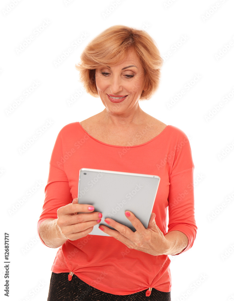 Portrait of senior woman with tablet computer, isolated on white Portrait of senior woman with tablet computer, isolated on white
