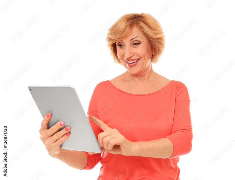 Portrait of senior woman with tablet computer, isolated on white Portrait of senior woman with tablet computer, isolated on white
