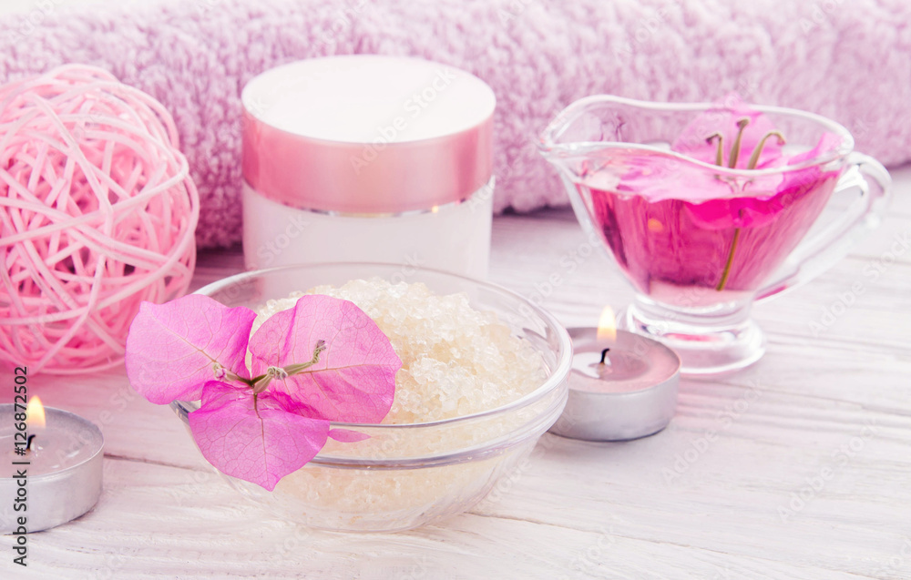Spa set on white wooden background Spa set on white wooden background