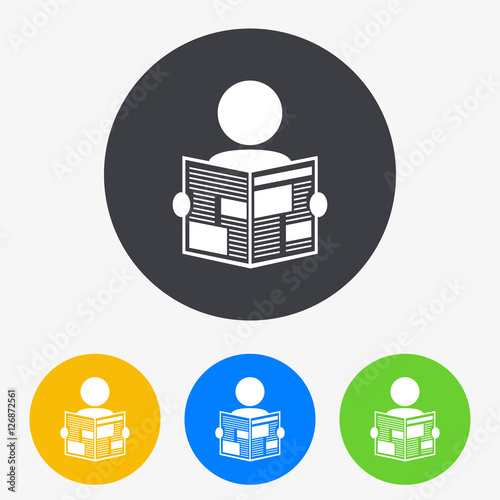 Icono plano hombre con periodico en circulo varios colores