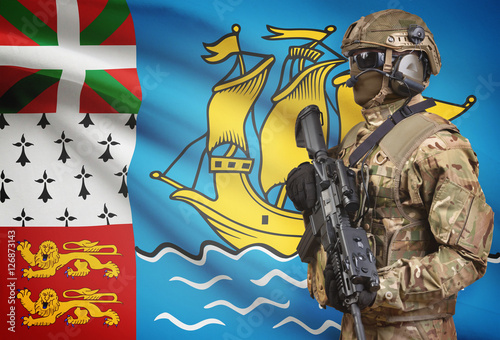 Soldier in helmet holding machine gun with flag on background series - Saint Pierre and Miquelon
