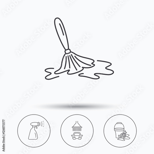 Car wash icons. Automatic cleaning station linear signs. Bucket with foam bubbles, spray flat line icons. Linear icons in circle buttons. Flat web symbols. Vector © tanyastock
