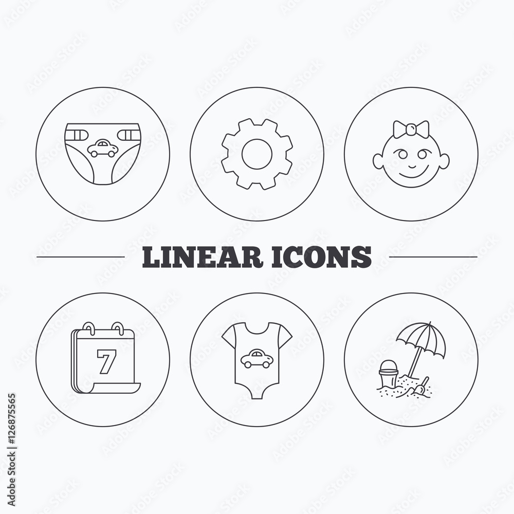 Newborn clothes, diapers and baby girl icons. Beach games linear sign. Flat cogwheel and calendar symbols. Linear icons in circle buttons. Vector