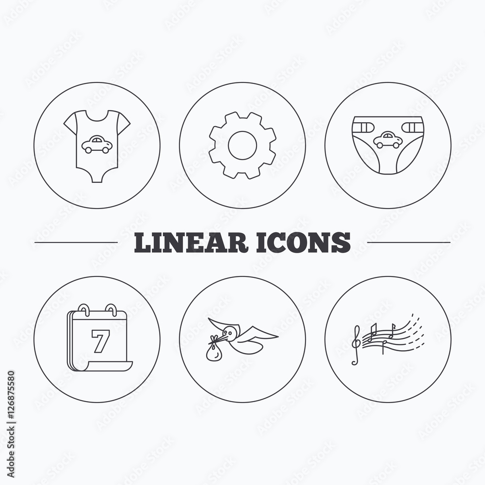 Diapers, newborn clothes and songs for kids icons. Stork with sack linear sign. Flat cogwheel and calendar symbols. Linear icons in circle buttons. Vector