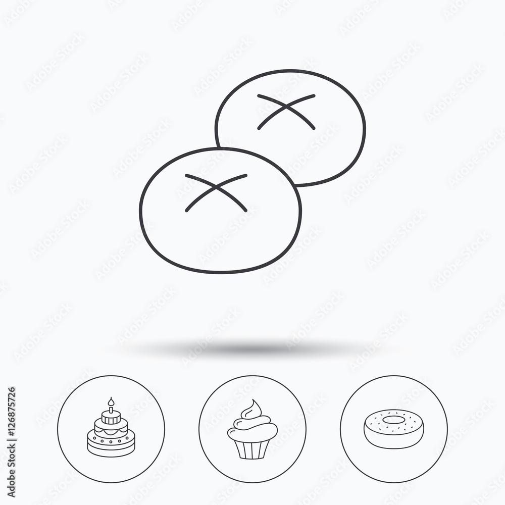Cupcake, cake and bread rolls icons. Sweet donut linear sign. Linear icons in circle buttons. Flat web symbols. Vector Cupcake, cake and bread rolls icons. Sweet donut linear sign. Linear icons in circle buttons. Flat web symbols. Vector