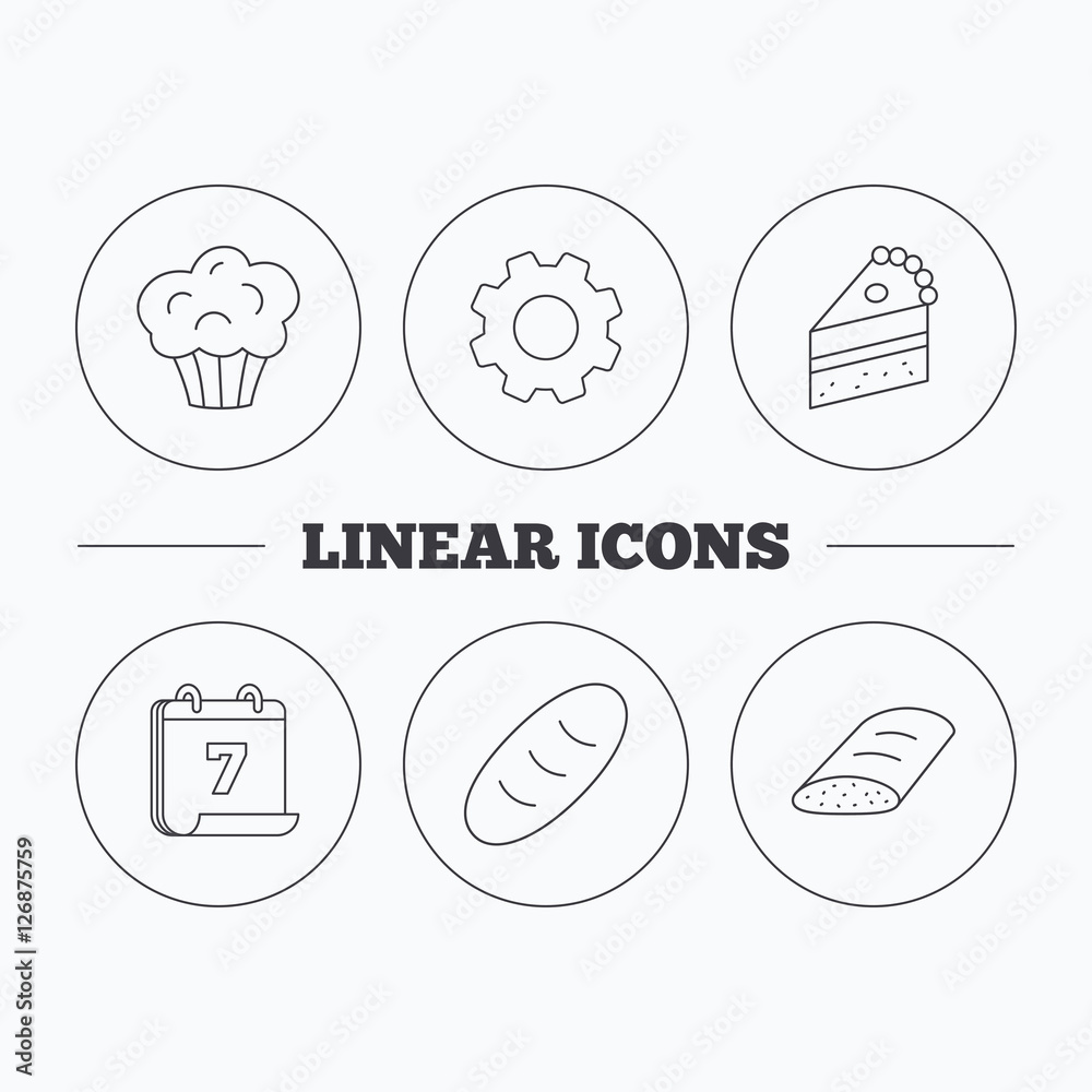 Sweet muffin, cake and bread icons. Piece of cake linear sign. Flat cogwheel and calendar symbols. Linear icons in circle buttons. Vector Sweet muffin, cake and bread icons. Piece of cake linear sign. Flat cogwheel and calendar symbols. Linear icons in circle buttons. Vector