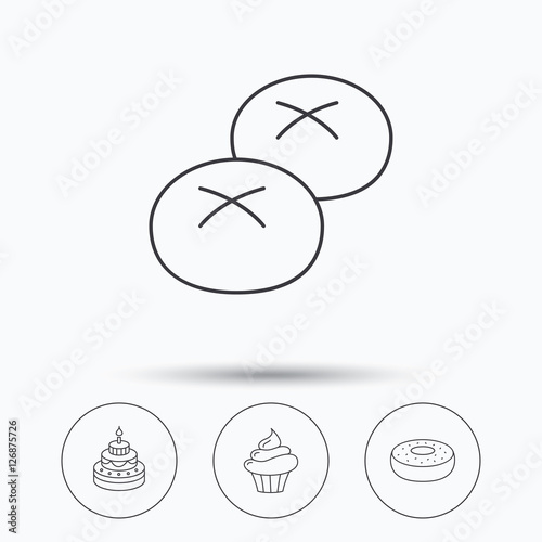 Cupcake, cake and bread rolls icons. Sweet donut linear sign. Linear icons in circle buttons. Flat web symbols. Vector