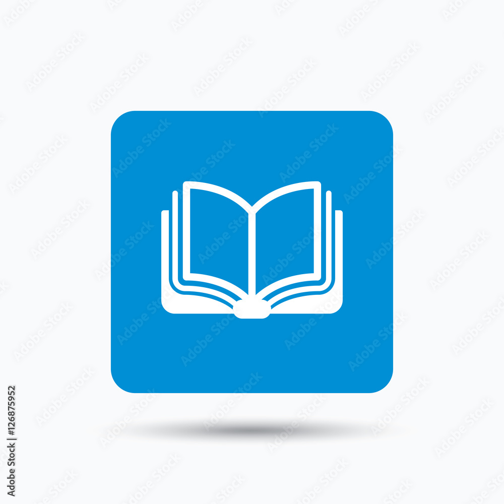 Book icon. Study literature sign. Education textbook symbol. Blue square button with flat web icon. Vector Book icon. Study literature sign. Education textbook symbol. Blue square button with flat web icon. Vector