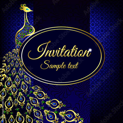 Blue wedding invitation or card with a peacock on abstract background. Islam, Arabic, Indian, Dubai decoration with pattern
